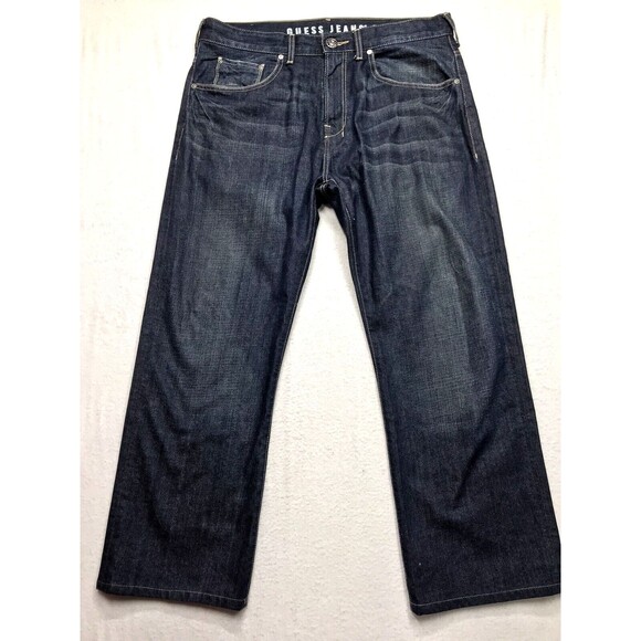 GUESS Dean Jean Men 36x30 (38x28) Dark Raw Wash Denim Blue Relaxed Wide Baggy - Picture 1 of 16